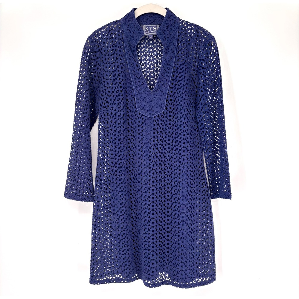 Sail to Sable Eyelet Tunic Dress Sz XS Navy Blue Slip 100% Cotton 3/4‎ Sleeve